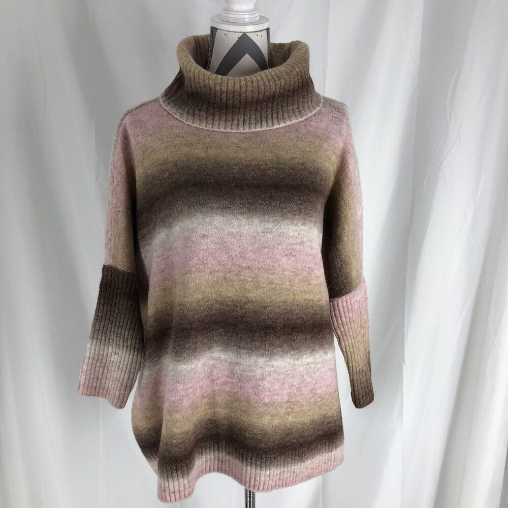 LOFT Sweater Womens Medium Neutral Striped Ombre Turtleneck Oversized Boho Cozy